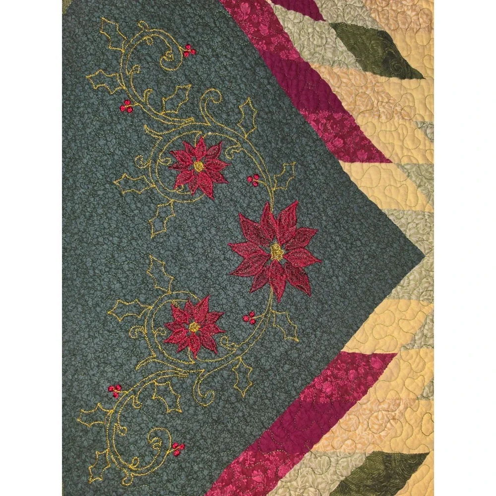 Handcrafted Lonestar Cotton Quilt Poinsettia Embroidered Christmas 90x90 Green
